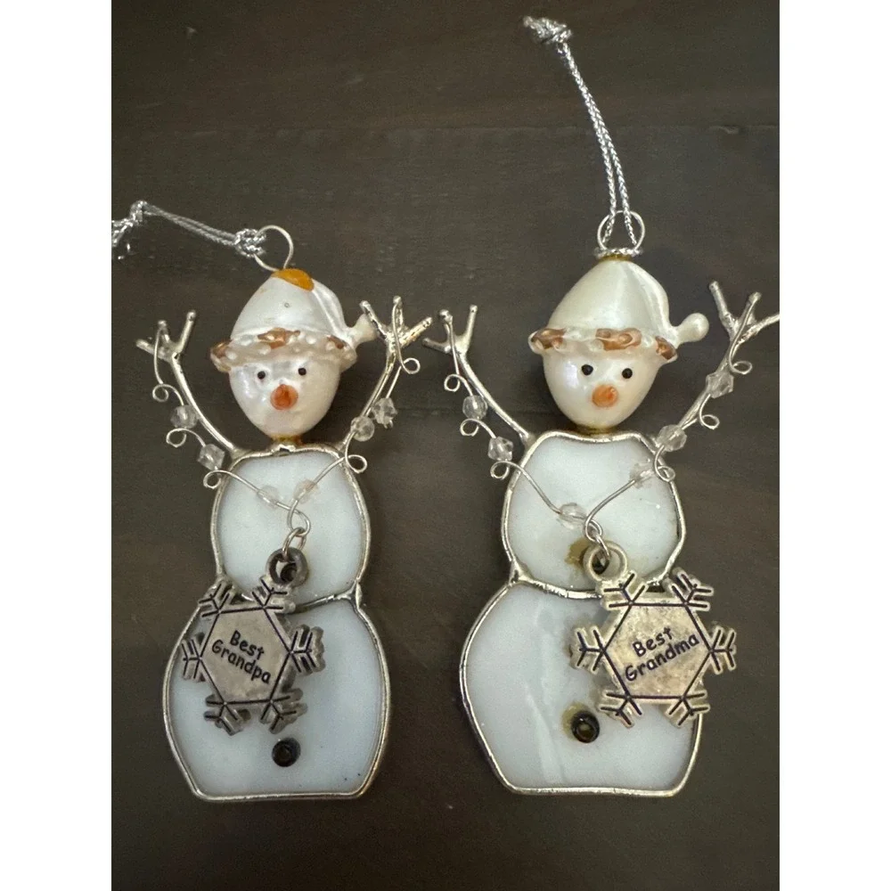 Stained Glass Snowman Ornaments Set of 2   Best Grandma and Best Grandpa Silver